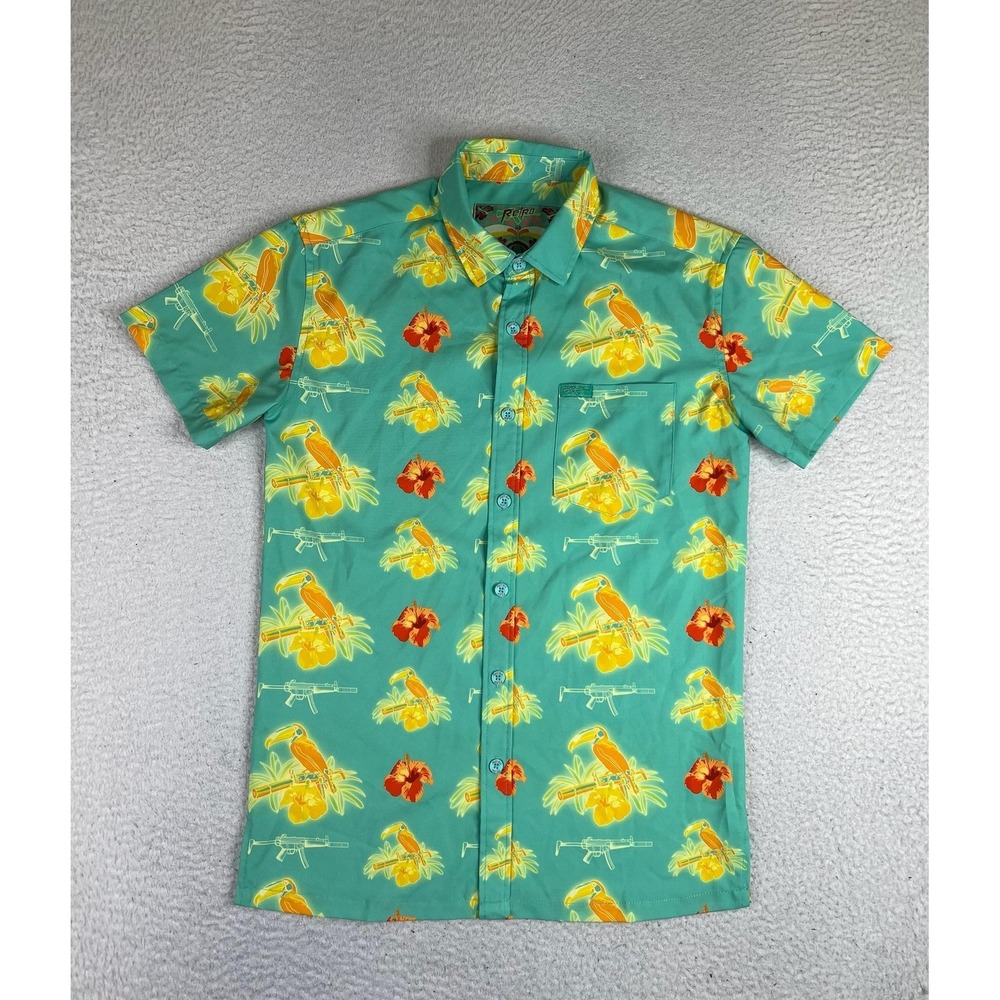 Retro Rifle Shirt Mens XS Teal Hawaiian Toucan Dead Air Silencers Button Up